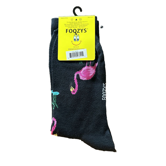 Foozys Black Pink Flamingo Pattern Crew Socks Mens One Size New - Picture 2 of 2